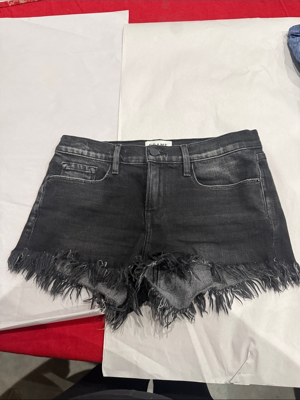 Frame Denim Washed Black Frayed Hem Jean Shorts